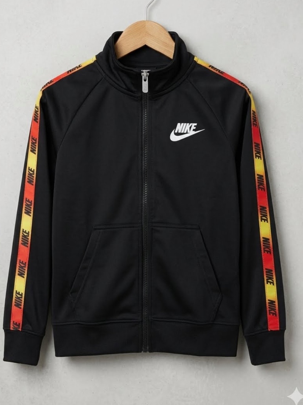 Nike Kids Boys Black Zip Hoodie with Red and Yellow Sleeve Tape- athletic wear